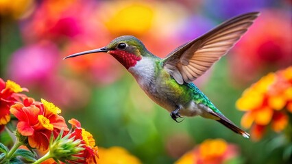 Colorful humming bird are flying near flowers and pecking at water droplets falling from beautiful...