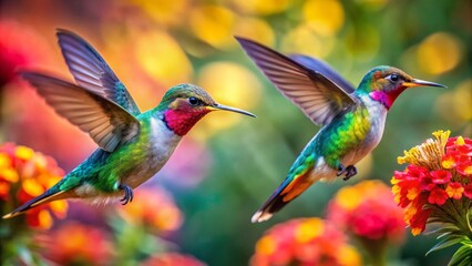 Fototapeta premium Colorful humming bird are flying near flowers and pecking at water droplets falling from beautiful wild flowers pollen.