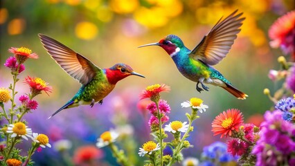 Fototapeta premium Colorful humming bird are flying near flowers and pecking at water droplets falling from beautiful wild flowers pollen.