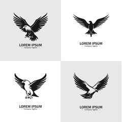 Set of flying eagle silhouettes. Suitable for logo, emblem, pattern, typography etc. Isolated on white background. Vector illustration