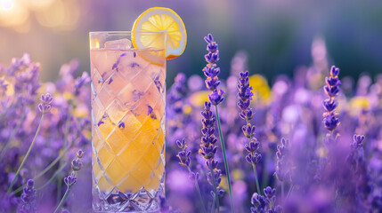 An aromatic lemon lavender cocktail, presented in a tall glass, infused with lavender and garnished with a lemon twist