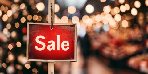 Red sale sign in a blurred festive shopping street, illuminated by lights and creating a welcoming holiday atmosphere for shoppers.