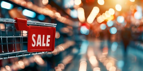 Red sale sign on a shopping cart in a brightly lit supermarket aisle, indicating discount offers and promotions. Perfect for retail and shopping themes.