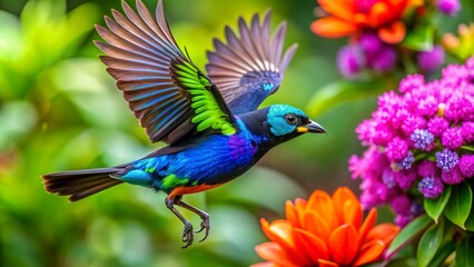 Fototapeta premium Paradise Tanager The Jewel of the Rainforest flying flying near flowers