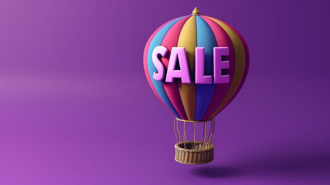 Summer time concept with "sale" text of colorful hot air balloon floating on purple background,shopping online concept.