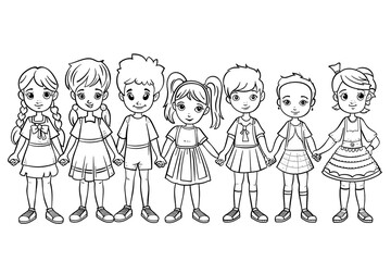 Cartoon kids with a school dance team, outlined for coloring, on a white background.