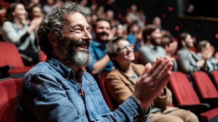 Obraz premium Happy audience clapping in theater or cinema, smiling man with beard sitting and cheering at event show performance, enjoying public arts show. People having fun watching play, conference and conferen