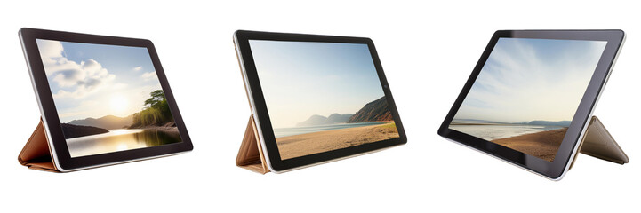 Electronic tablet with landscape on screen isolated on transparent background