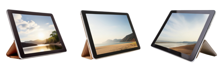 Electronic tablet with landscape on screen isolated on transparent background