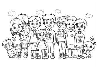 Cartoon kids with a school environmental club, outlined for coloring, on a white background.