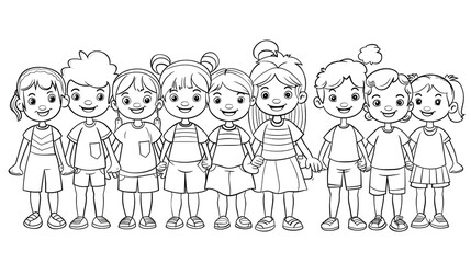 Cartoon kids with a school multicultural club, outlined for coloring, on a white background.