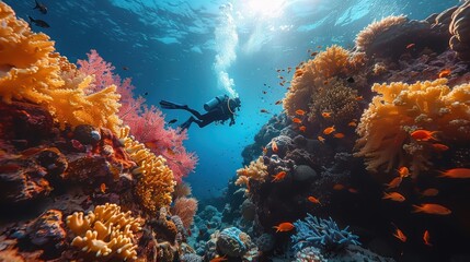 Obraz premium Scuba Diver Exploring Vibrant Coral Reef
