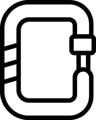 Simple black and white line art icon of a carabiner used in climbing and mountaineering for attaching ropes and other gear