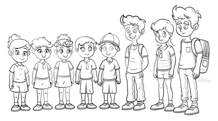 Cartoon kids with a school coach, outlined for coloring, on a white background.