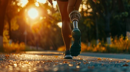 A female athlete with a prosthetic leg competing in a triathlon