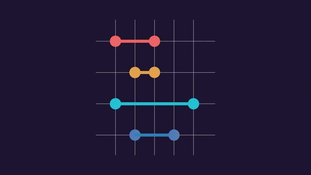 Dumbbell plot animation. Horizontal bar graphs animated element. Moving dots, connecting. Data processing. Isolated illustration on dark background. Transition alpha video. Motion graphic
