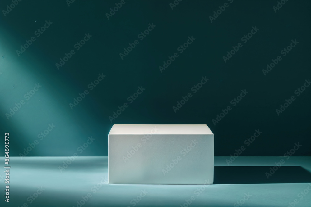 Poster minimalist white cube placed on a teal surface against a teal backdrop, illuminated by soft natural 