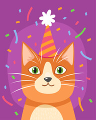 Portrait of an orange cute cat in a festive cap. Purple background, multi-colored confetti. Birthday card. Cute cartoon illustration.