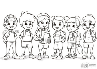 Cartoon kids with a school environmental club, outlined for coloring, on a white background.