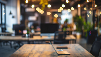 Modern office interior with blurred background and warm ambient lighting