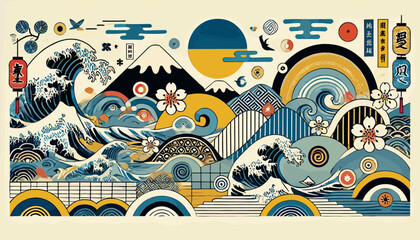 Concept of Japanese Ukiyo-e imagery. Vector illustration.