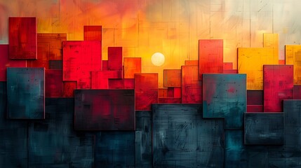 A 16:9 modern art mural of an abstract cityscape, simplified shapes representing a bustling city.