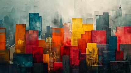 A 16:9 modern art mural of an abstract cityscape, simplified shapes representing a bustling city.
