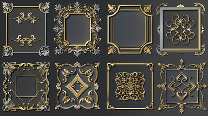 Elegant vintage gold and silver decorative frames on dark background