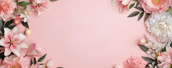 Fototapeta premium Pastel background with spring flowers, frame of tulips and hyacinths, soft and colorful