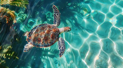 Fototapeta premium sea turtle swimming in crystal clear water with a background of underwater flora