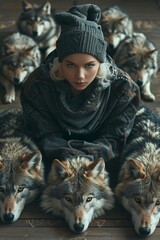 Blonde model posing with wolves pack looking at camera