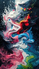 Obraz premium Dynamic swirls of vibrant red, blue, yellow, and white paint blending seamlessly against a dark background, creating an energetic, abstract fluid art piece with splashes and waves.