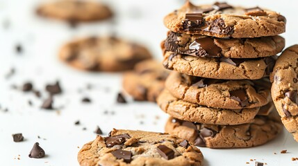 A closeup of a stack of freshly baked chocolate chip cookies with melted chocolate chunks, isolated on a white background with ample copy space