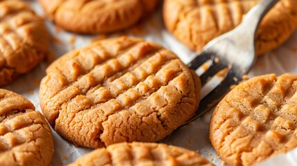 A closeup of homemade peanut butter cookies with fork marks, set against a bright, summery background