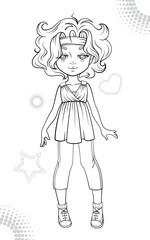 Illustration of a young anime style cute girl with curly hair in monochrome line art for a coloring book design