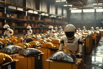 Obraz premium Robots working in warehouse sorting packages