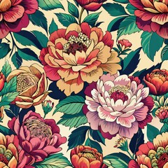 seamless pattern of lush batik peonies, Generative AI
