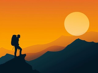 Silhouette of a hiker with a backpack standing on a mountain peak at sunset, overlooking a range of hills under a glowing sky.