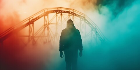 Silhouette of a person standing in front of a roller coaster, enveloped in colorful mist and dramatic lighting.