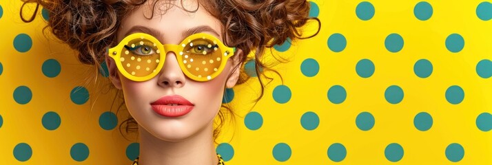 Woman Wearing Yellow Sunglasses Against a Polka Dot Background
