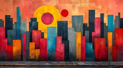 A mural of an abstract cityscape, simplified shapes representing a bustling city, showcasing a modern art style.