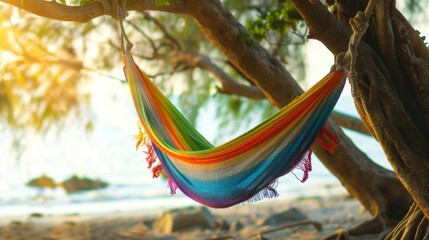 A colorful hammock suspended between two trees its fabric rippling and swaying in the gentle breeze offering a peaceful place to rest and reflect.