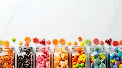 A vibrant assortment of colorful candies and sweets arranged in glass jars, set against a bright white background with ample copy space