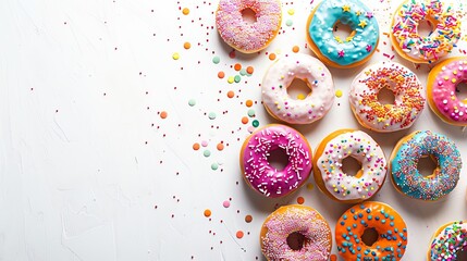 A vibrant assortment of colorful glazed donuts with sprinkles, arranged on a white background with ample copy space for a playful, inviting look