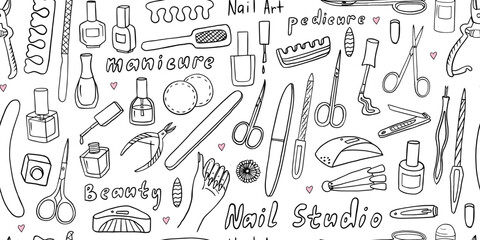 Seamless pattern of manicure tools in doodle style. Nail polish, emery board, cuticle scissors, nail brush, nail file, tweezers, nail clippers, LED nail lamp, Toenail scissors. Hand drawn. Nail studio