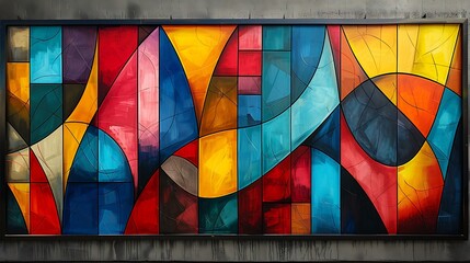 Fototapeta premium A mural of vibrant geometric patterns, bold colorful shapes intersecting and overlapping, with a modern art style, creating a dynamic and eye-catching composition.