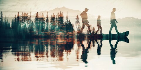 Silhouette of people walking on a boat in a tranquil lake with mountains and trees reflecting in the water, double exposure, serene nature scene.