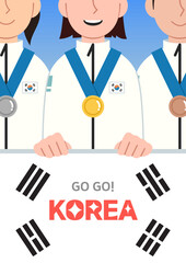 An illustration banner for Korean sports team. Athletes are holding medals on their necks. 
