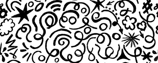 Vector seamless pattern black  scribbles with stars, heart and flowers. Wavy lines  and beautiful shapes charcoal strokes . Abstract  wallpaper design, trendy textile print. Wavy and swirled  shapes.