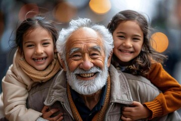 Happy old grandparents, with the grandfather sporting a well-groomed beard, enjoy a fun piggyback ride with their grandchildren in the park.